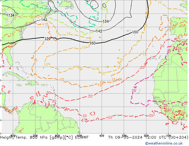 Z500/Rain (+SLP)/Z850 ECMWF Čt 09.05.2024 12 UTC