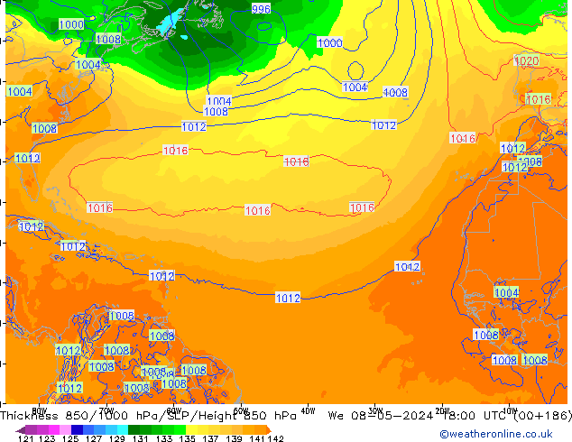 Dikte 850-1000 hPa ECMWF wo 08.05.2024 18 UTC