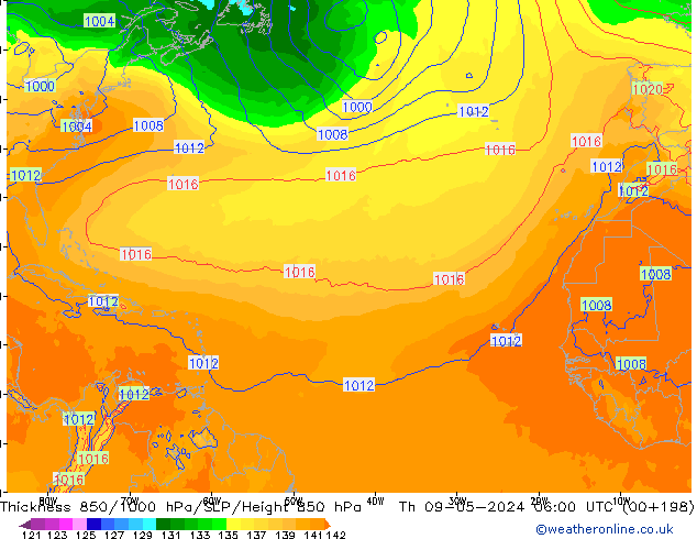 Dikte 850-1000 hPa ECMWF do 09.05.2024 06 UTC