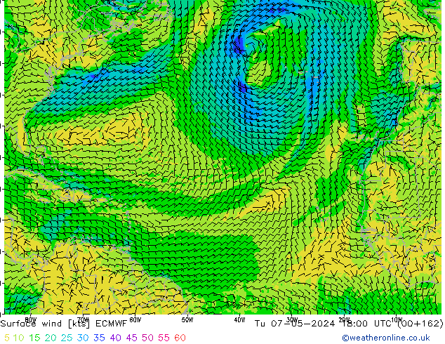 wiatr 10 m ECMWF wto. 07.05.2024 18 UTC