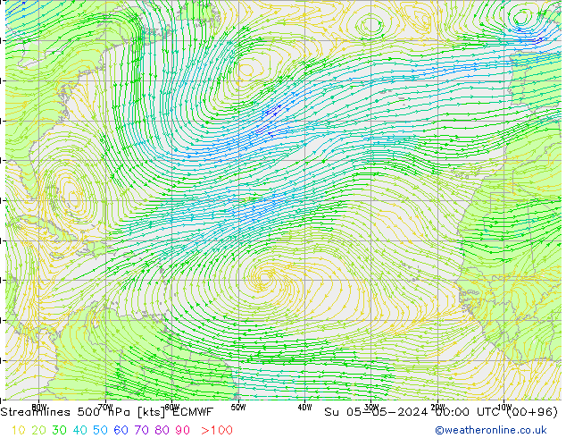 Linia prądu 500 hPa ECMWF nie. 05.05.2024 00 UTC