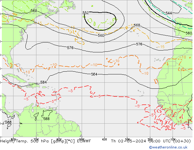 Z500/Rain (+SLP)/Z850 ECMWF czw. 02.05.2024 06 UTC