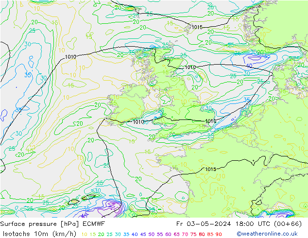 Isotachs (kph) ECMWF пт 03.05.2024 18 UTC