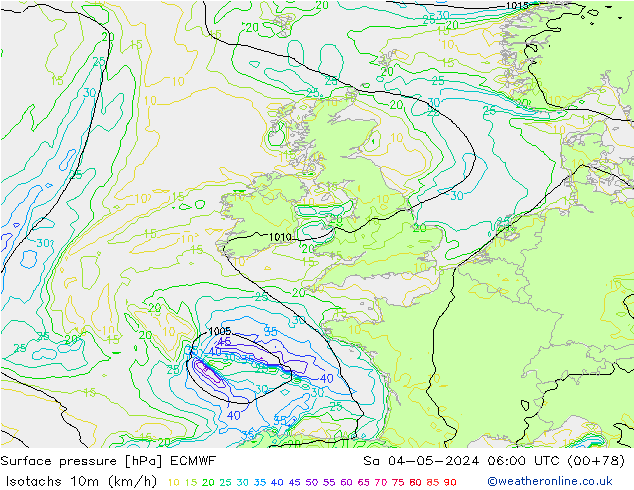 Izotacha (km/godz) ECMWF so. 04.05.2024 06 UTC