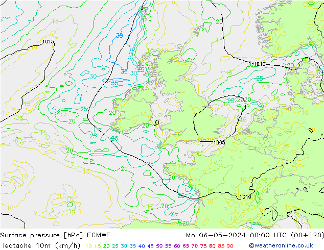Isotachs (kph) ECMWF пн 06.05.2024 00 UTC