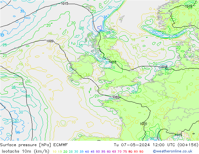 Isotachs (kph) ECMWF Út 07.05.2024 12 UTC