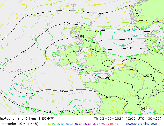 Isotachs (mph) ECMWF Th 02.05.2024 12 UTC