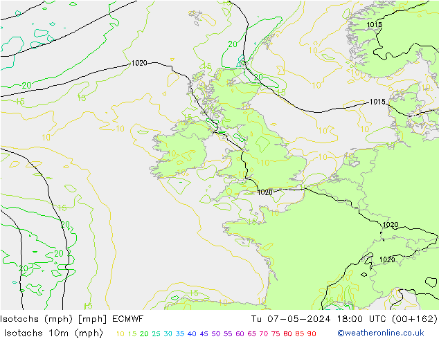 Isotachs (mph) ECMWF Út 07.05.2024 18 UTC