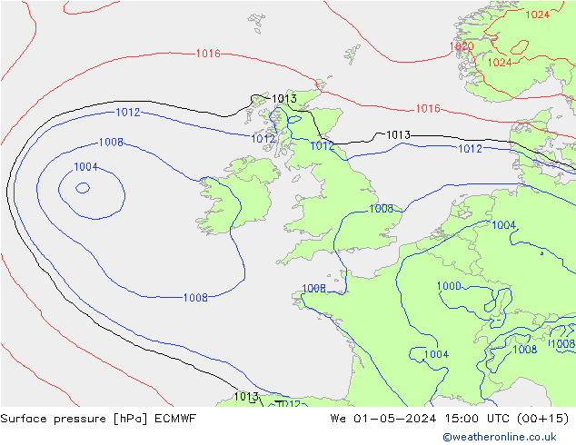 Surface pressure ECMWF We 01.05.2024 15 UTC