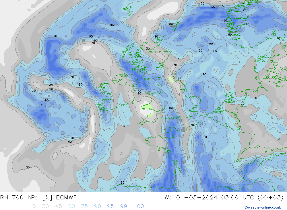 RH 700 hPa ECMWF We 01.05.2024 03 UTC