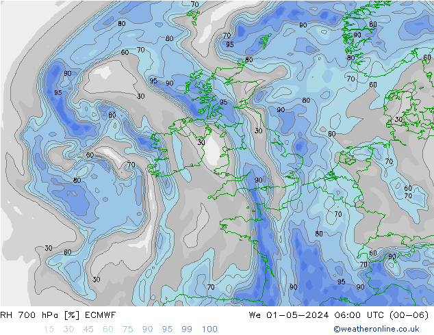 RH 700 hPa ECMWF We 01.05.2024 06 UTC