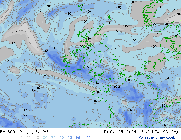 RH 850 hPa ECMWF Th 02.05.2024 12 UTC