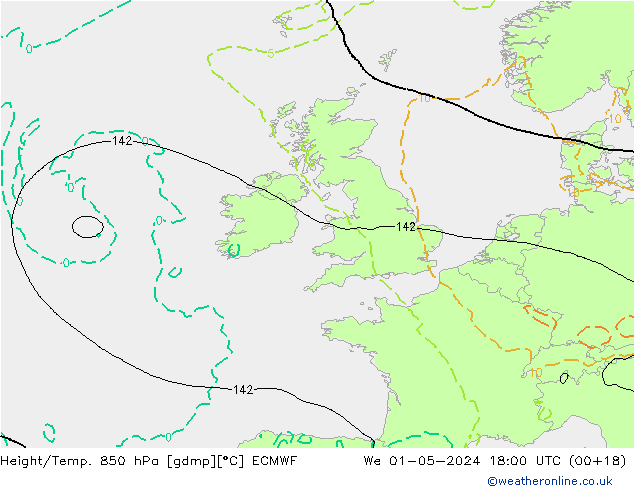 Z500/Yağmur (+YB)/Z850 ECMWF Çar 01.05.2024 18 UTC