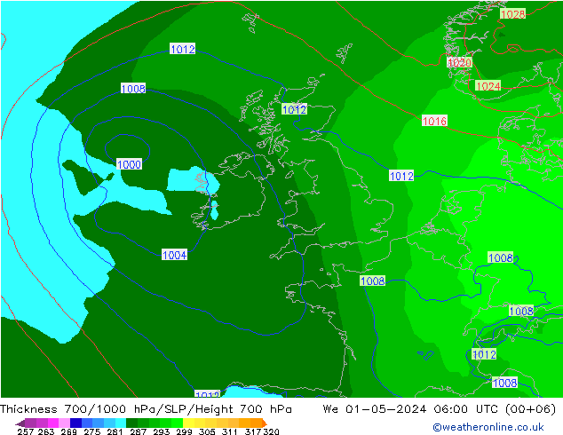 Thck 700-1000 hPa ECMWF We 01.05.2024 06 UTC