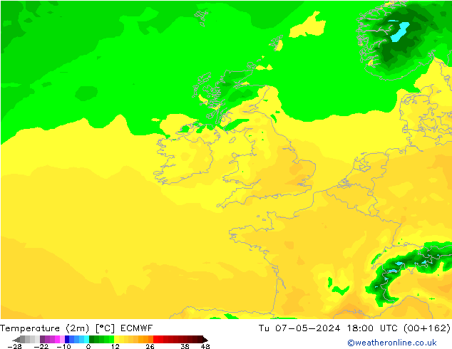 Temperature (2m) ECMWF Tu 07.05.2024 18 UTC