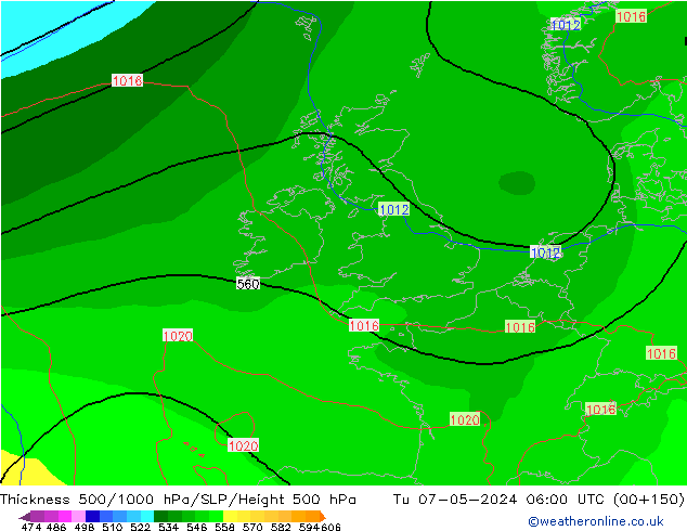 Thck 500-1000гПа ECMWF вт 07.05.2024 06 UTC