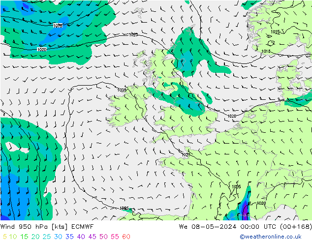 Vento 950 hPa ECMWF Qua 08.05.2024 00 UTC