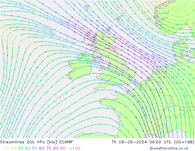 Streamlines 200 hPa ECMWF Th 09.05.2024 06 UTC