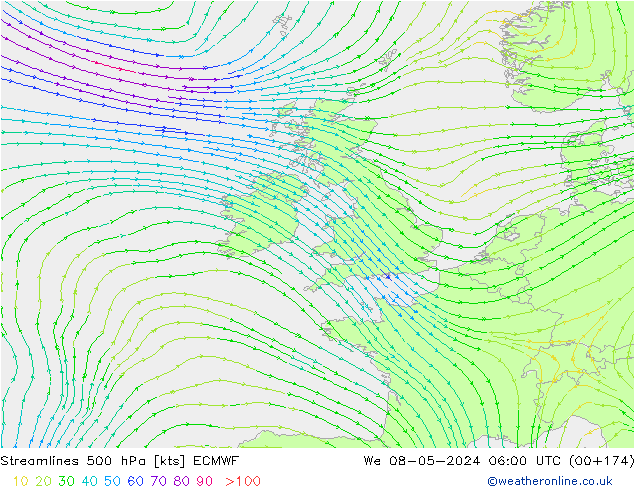 Linea di flusso 500 hPa ECMWF mer 08.05.2024 06 UTC