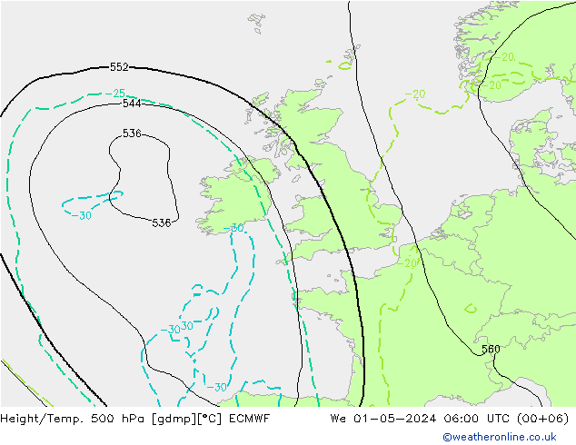 Z500/Rain (+SLP)/Z850 ECMWF Qua 01.05.2024 06 UTC