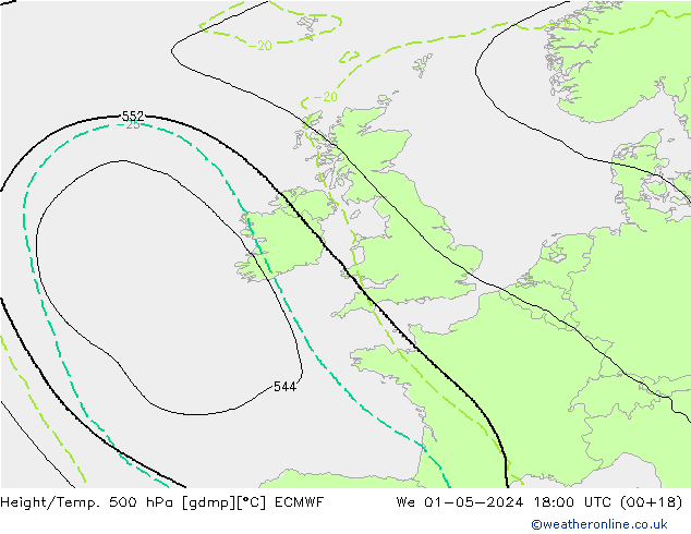 Z500/Yağmur (+YB)/Z850 ECMWF Çar 01.05.2024 18 UTC