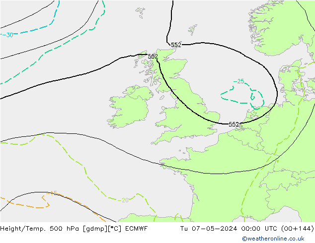 Z500/Rain (+SLP)/Z850 ECMWF wto. 07.05.2024 00 UTC