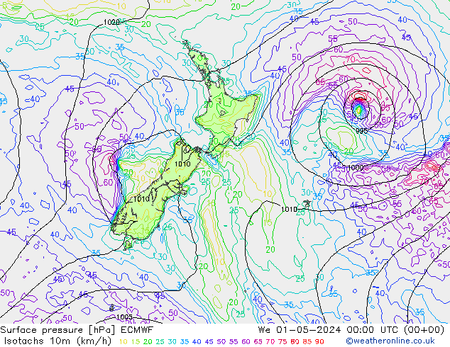 Isotachs (kph) ECMWF We 01.05.2024 00 UTC