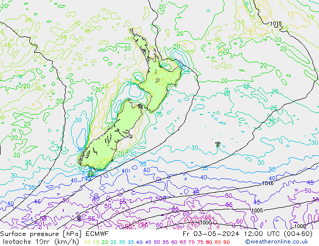 Isotachs (kph) ECMWF пт 03.05.2024 12 UTC