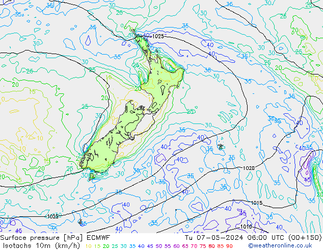 Isotachen (km/h) ECMWF Di 07.05.2024 06 UTC