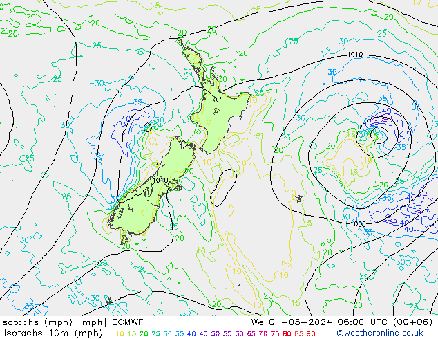 Isotachs (mph) ECMWF We 01.05.2024 06 UTC