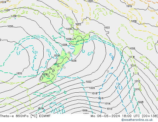 Theta-e 850hPa ECMWF Mo 06.05.2024 18 UTC