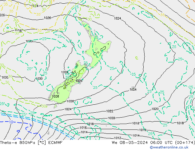 Theta-e 850hPa ECMWF Qua 08.05.2024 06 UTC