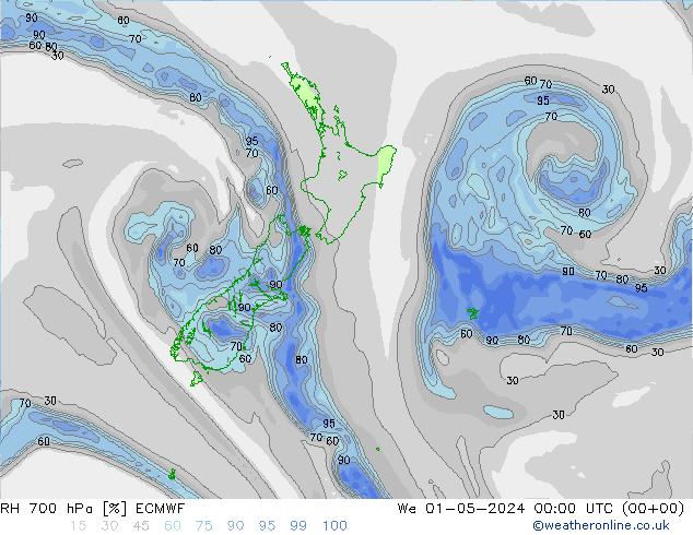 RH 700 гПа ECMWF ср 01.05.2024 00 UTC