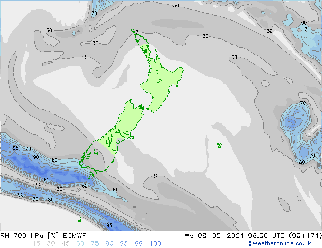 RH 700 hPa ECMWF Qua 08.05.2024 06 UTC