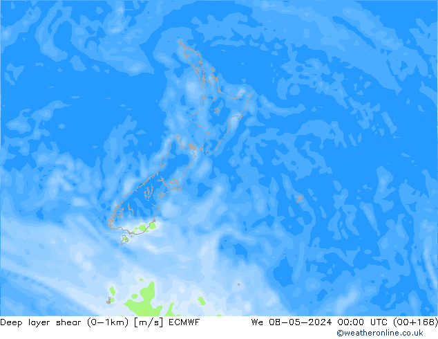 Deep layer shear (0-1km) ECMWF Mi 08.05.2024 00 UTC