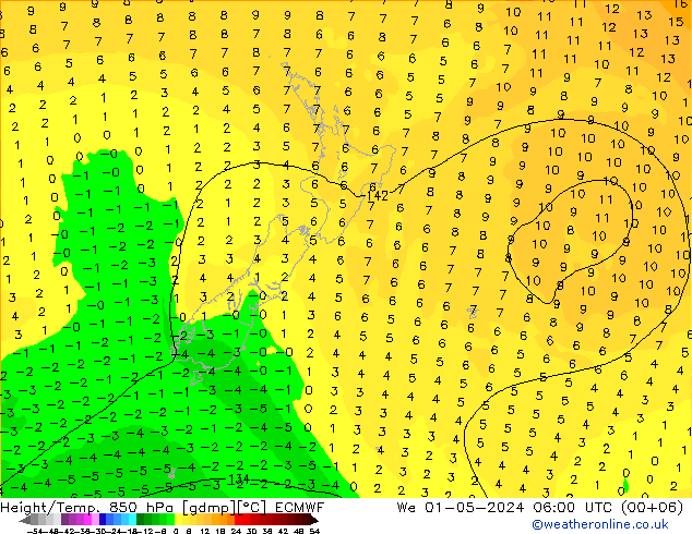 Yükseklik/Sıc. 850 hPa ECMWF Çar 01.05.2024 06 UTC