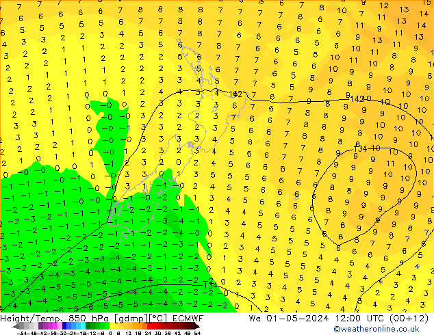 Z500/Yağmur (+YB)/Z850 ECMWF Çar 01.05.2024 12 UTC