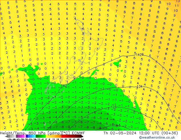 Z500/Rain (+SLP)/Z850 ECMWF Th 02.05.2024 12 UTC