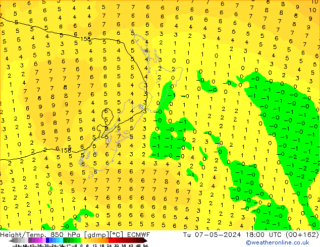 Hoogte/Temp. 850 hPa ECMWF di 07.05.2024 18 UTC