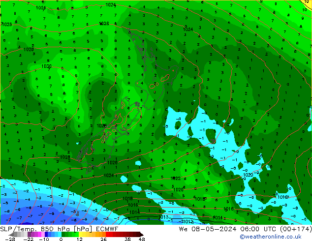 SLP/Temp. 850 hPa ECMWF Qua 08.05.2024 06 UTC