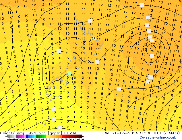 Height/Temp. 925 hPa ECMWF śro. 01.05.2024 03 UTC