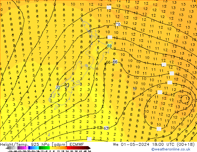 Height/Temp. 925 hPa ECMWF We 01.05.2024 18 UTC