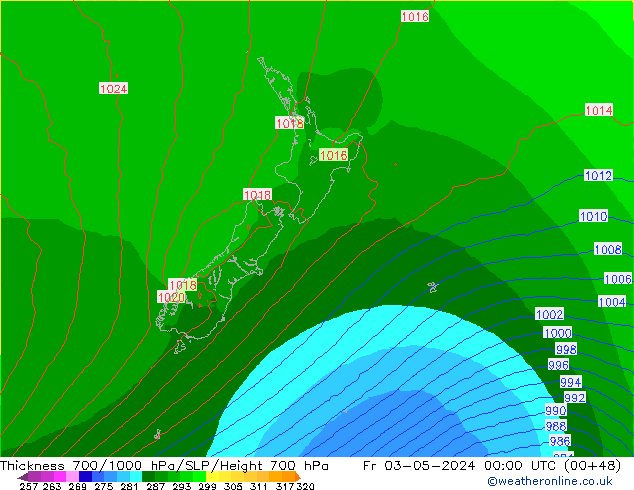 Espesor 700-1000 hPa ECMWF vie 03.05.2024 00 UTC