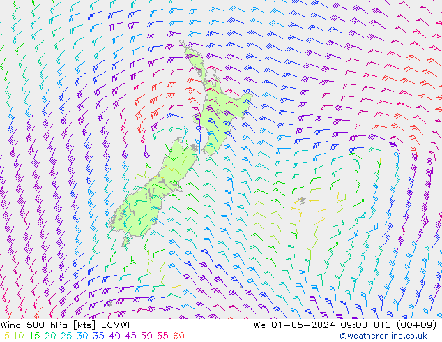 Wind 500 hPa ECMWF wo 01.05.2024 09 UTC