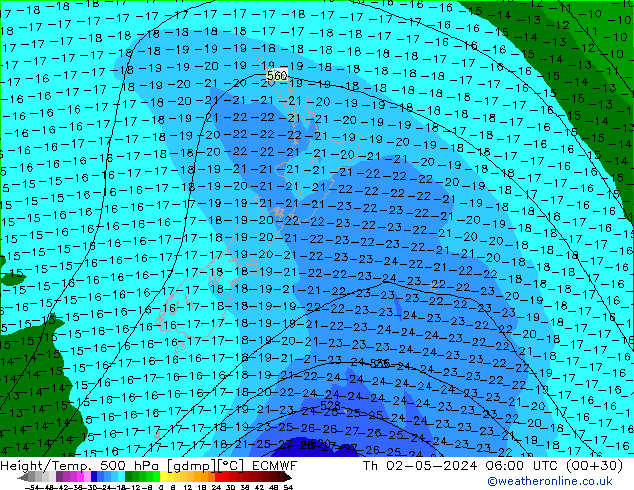 Z500/Rain (+SLP)/Z850 ECMWF Th 02.05.2024 06 UTC