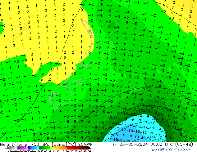 Geop./Temp. 700 hPa ECMWF vie 03.05.2024 00 UTC