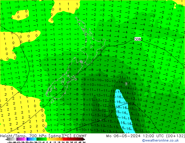 Height/Temp. 700 hPa ECMWF pon. 06.05.2024 12 UTC