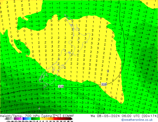 Height/Temp. 700 hPa ECMWF Qua 08.05.2024 06 UTC