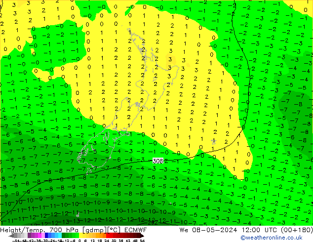 Yükseklik/Sıc. 700 hPa ECMWF Çar 08.05.2024 12 UTC