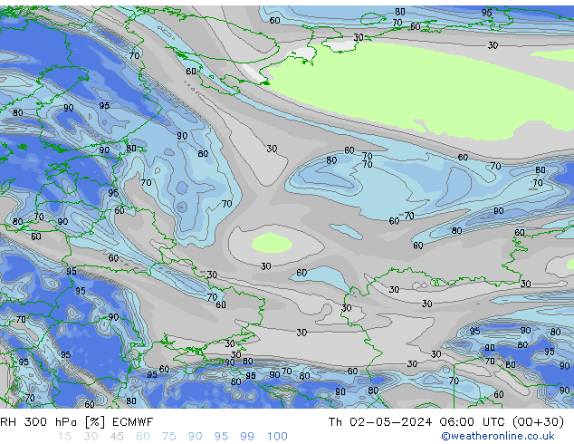 Humidité rel. 300 hPa ECMWF jeu 02.05.2024 06 UTC